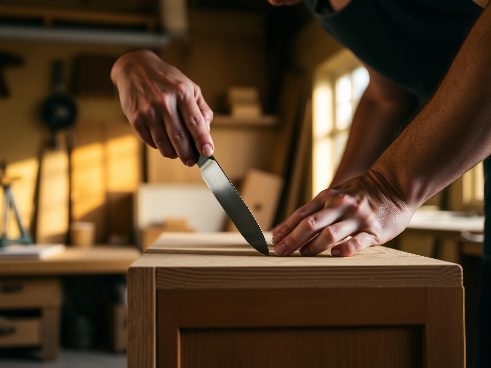 Mains d'un ébéniste de l'atelier Dakkar ajustant une porte d'armoire en noyer